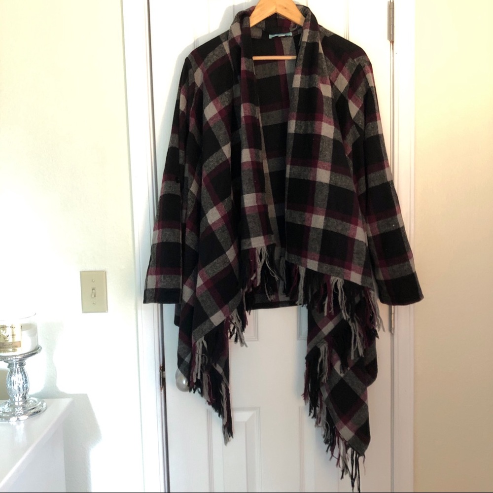 Plaid flannel fringed blanket cardigan / jacket